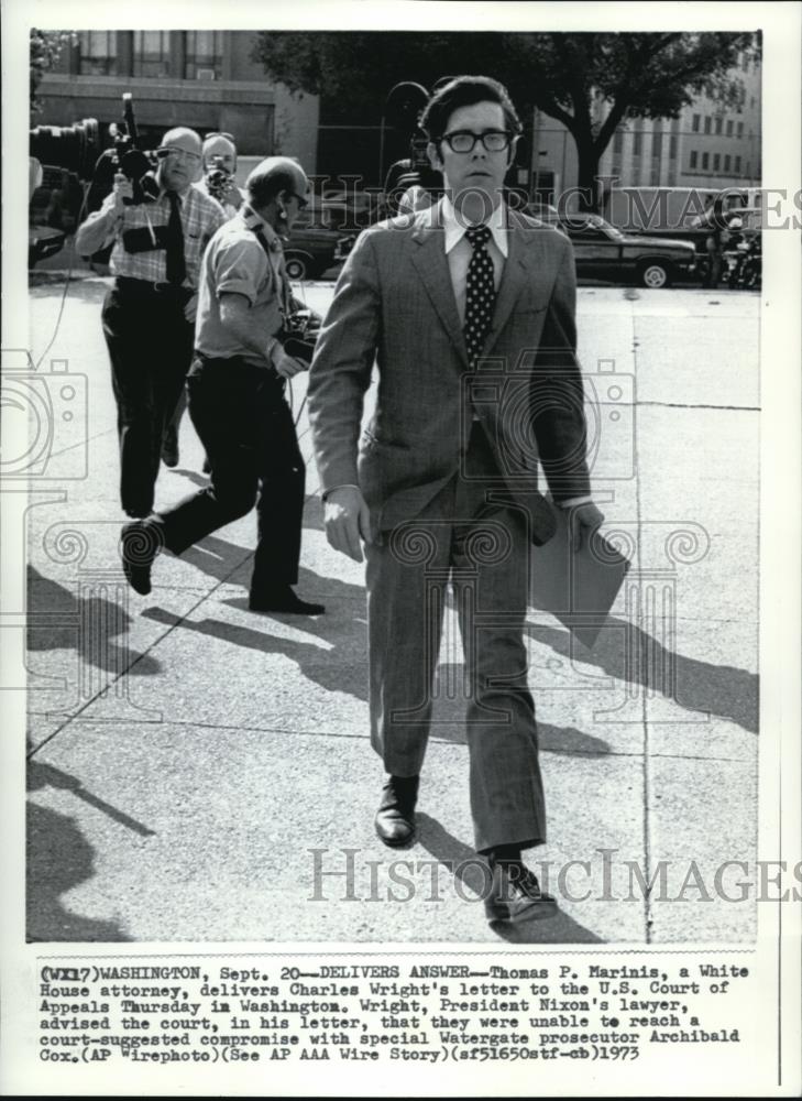 1973 Wire Photo Thomas Marinis, White House lawyer with Wright&#39;s letter - Historic Images