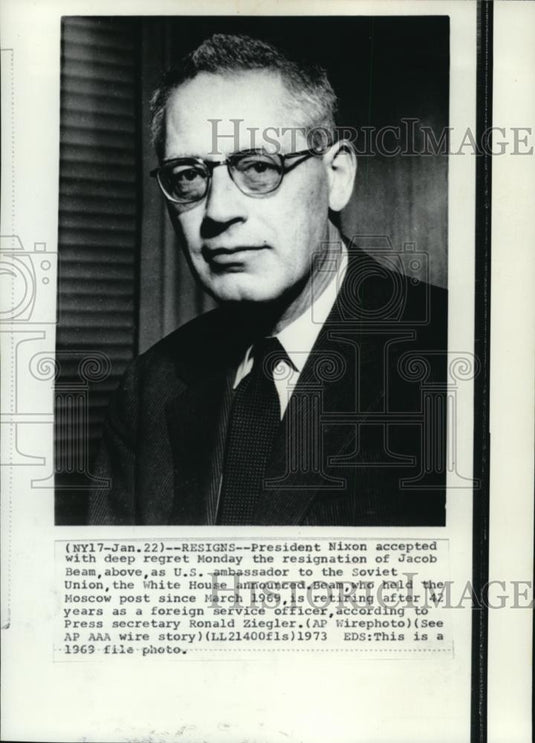 1973 Wire Photo Jacob Beam resigned from the U.S.Ambassador to Soviet psot - Historic Images