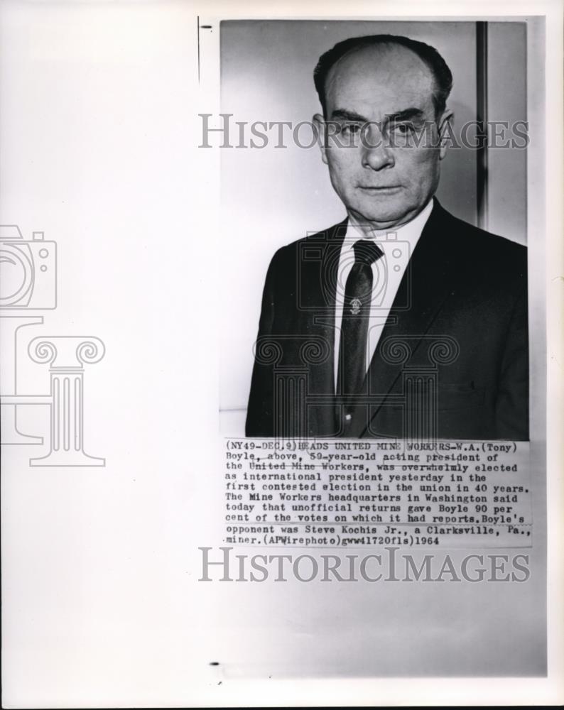 1964 Wire Photo Tony Boyle, elected International Pres of United Mine Workers - Historic Images