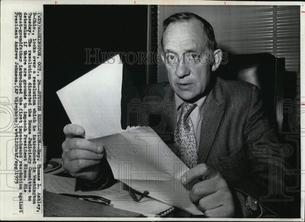 1963 Wire Photo Rep.Thomas L. Ashley Looks Over a Resolution He Introduced - Historic Images