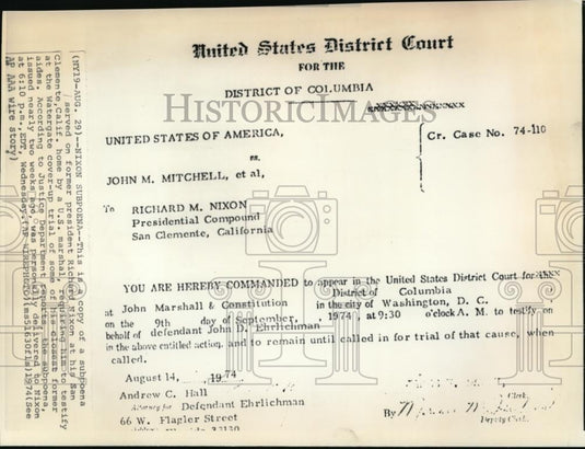 1974 Wire Photo This is a copy of a subpoena served on former President Richard - Historic Images