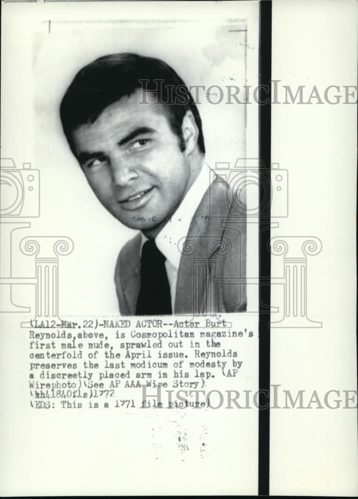1972 Wire Photo Burt Reynolds, Cosmopolitan magazine first male nude model - Historic Images