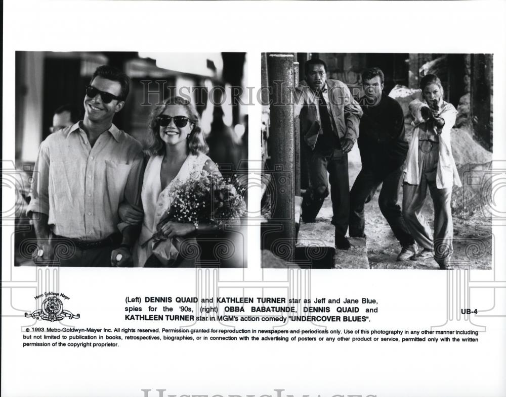 1993 Press Photo Dennis Quaid Kathleen Turner Obba Babatunde in Undercover Blues - Historic Images