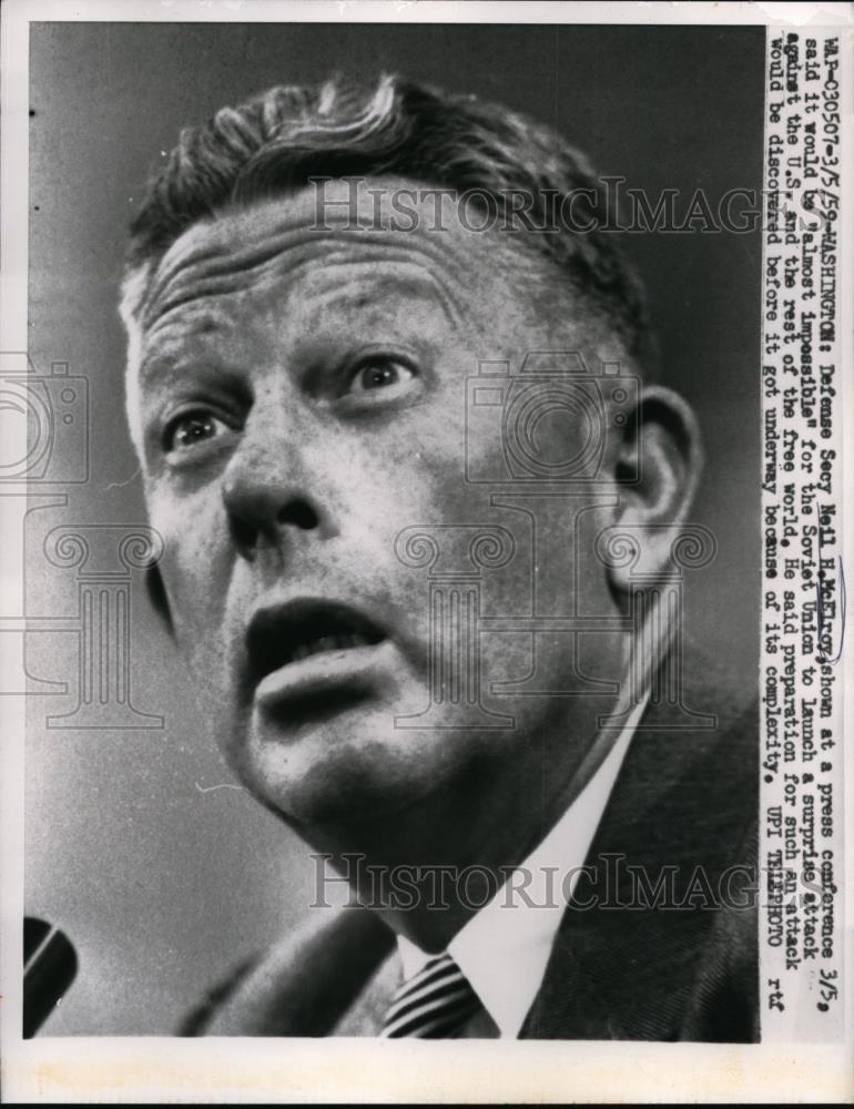 1959 Press Photo Defense Secretary Neil H McElroy at Press Conference Washington - Historic Images