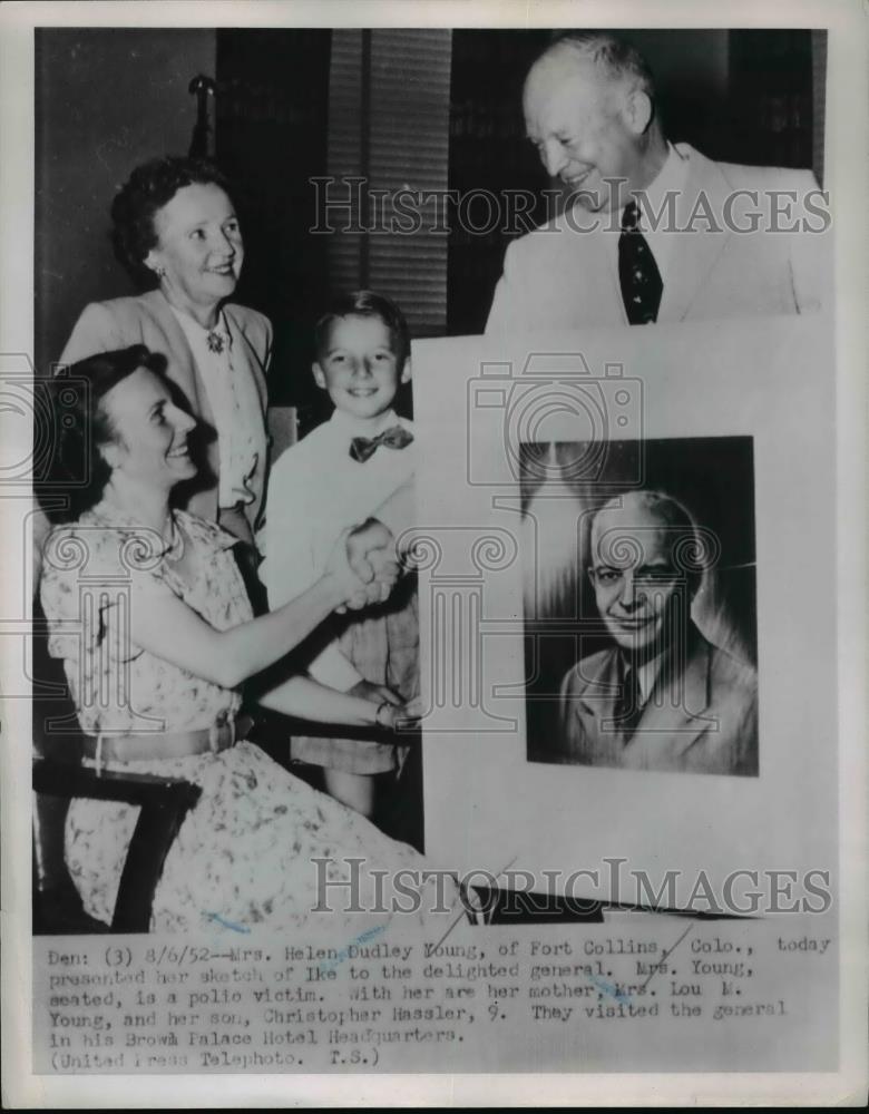1952 Press Photo Mrs Helen D Young polio victim & Dwight Eisenhower - Historic Images