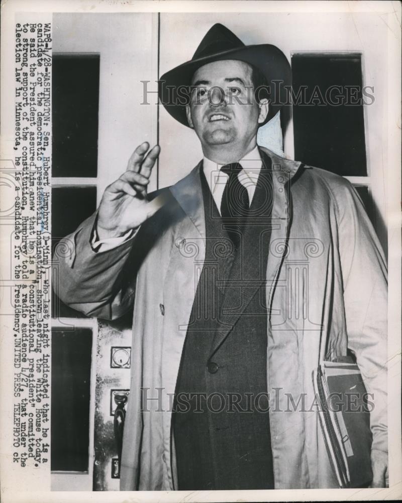 1952 Press Photo Hubert Humphrey leaving White House, Democratic nominee - Historic Images