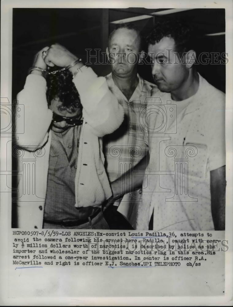 1959 Press Photo LR Louis Padilla,Ex-convict,Officers RA McCarville &amp; EJ Sanchez - Historic Images