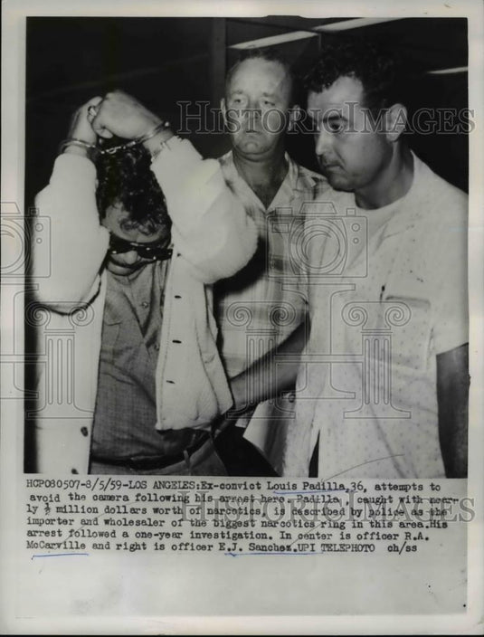 1959 Press Photo LR Louis Padilla,Ex-convict,Officers RA McCarville & EJ Sanchez - Historic Images