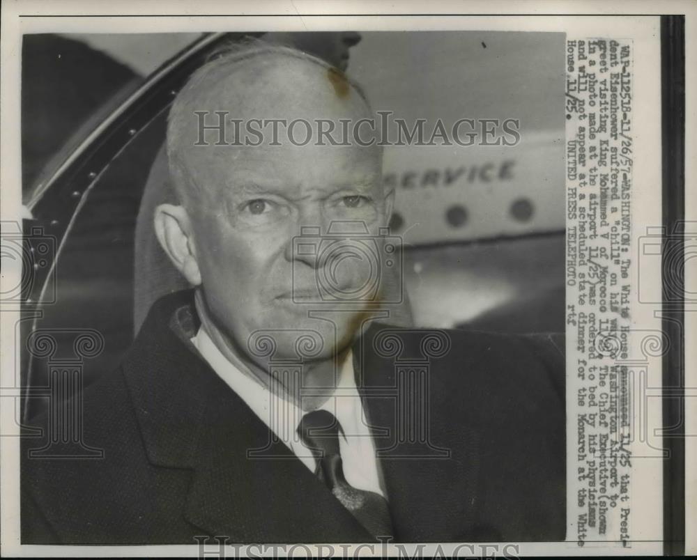 1957 Press Photo President Dwight Eisenhower At Airport Greet King of Morocco - Historic Images