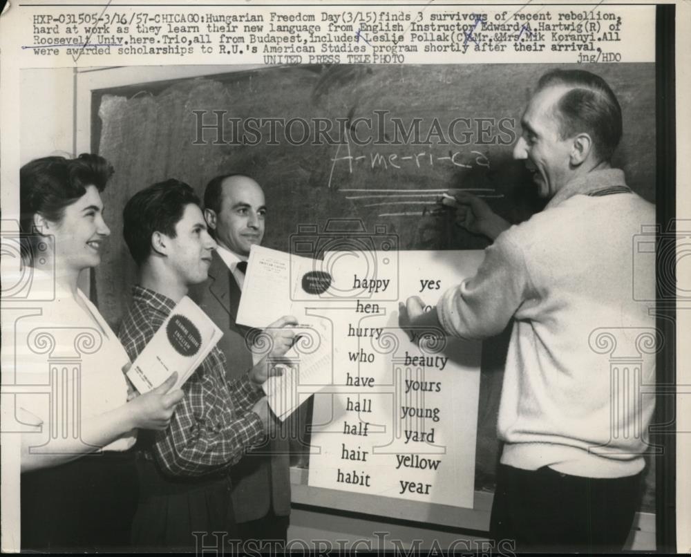 1957 Press Photo Leslie Pollack, Mr and Mrs Koranyi Learn English from E Hartwig - Historic Images