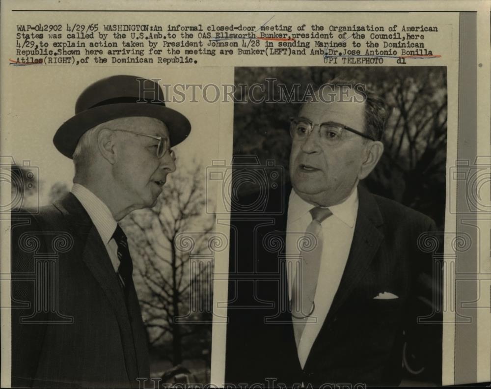 1965 Press Photo Washington DC Ellsworh Bunker and Dr. Jose Antonio Bonilla. - Historic Images