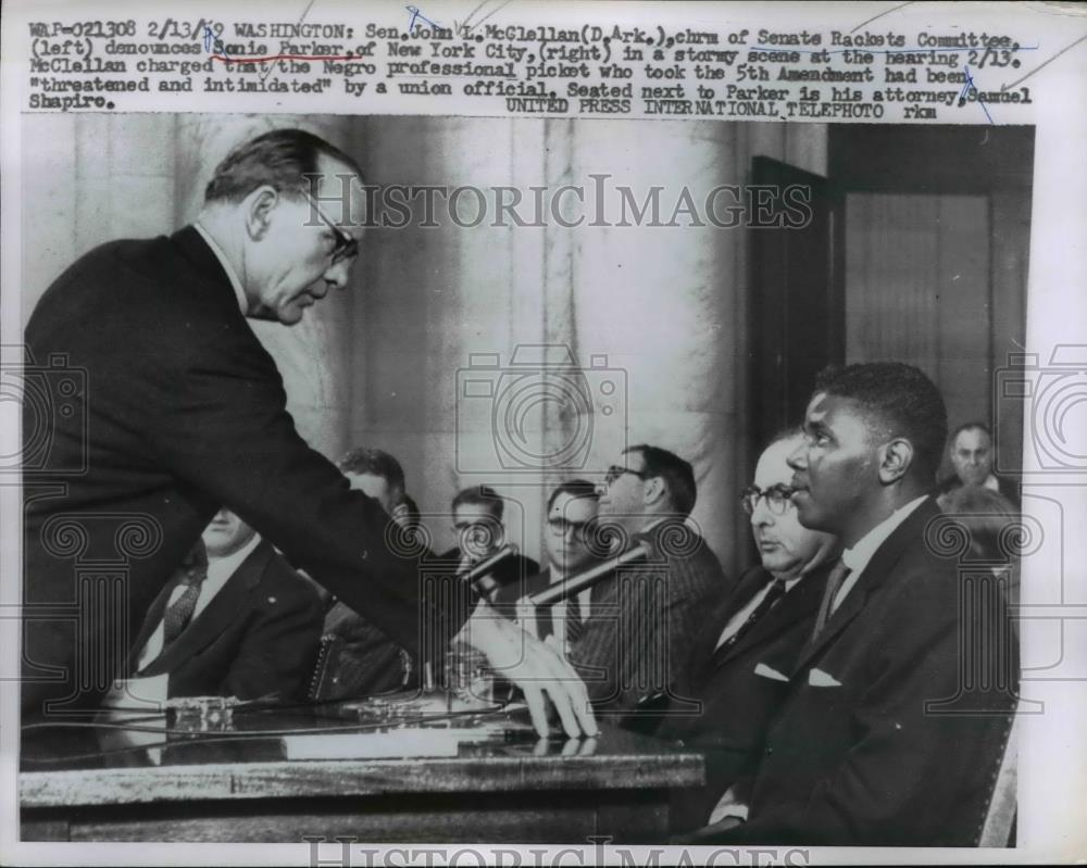 1959 Press Photo Senator John McClellan Questions Sonie Parker at Senate Hearing - Historic Images