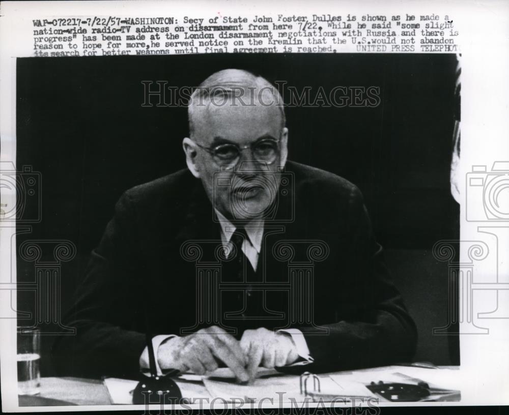 1957 Press Photo Secretary State John Foster Dulles Disarmament Radio TV Address - Historic Images