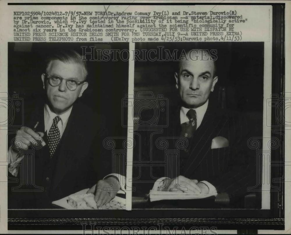 1957 Press Photo Dr. Andrew Conway Ivy, Dr. Steven Durovic New York - Historic Images