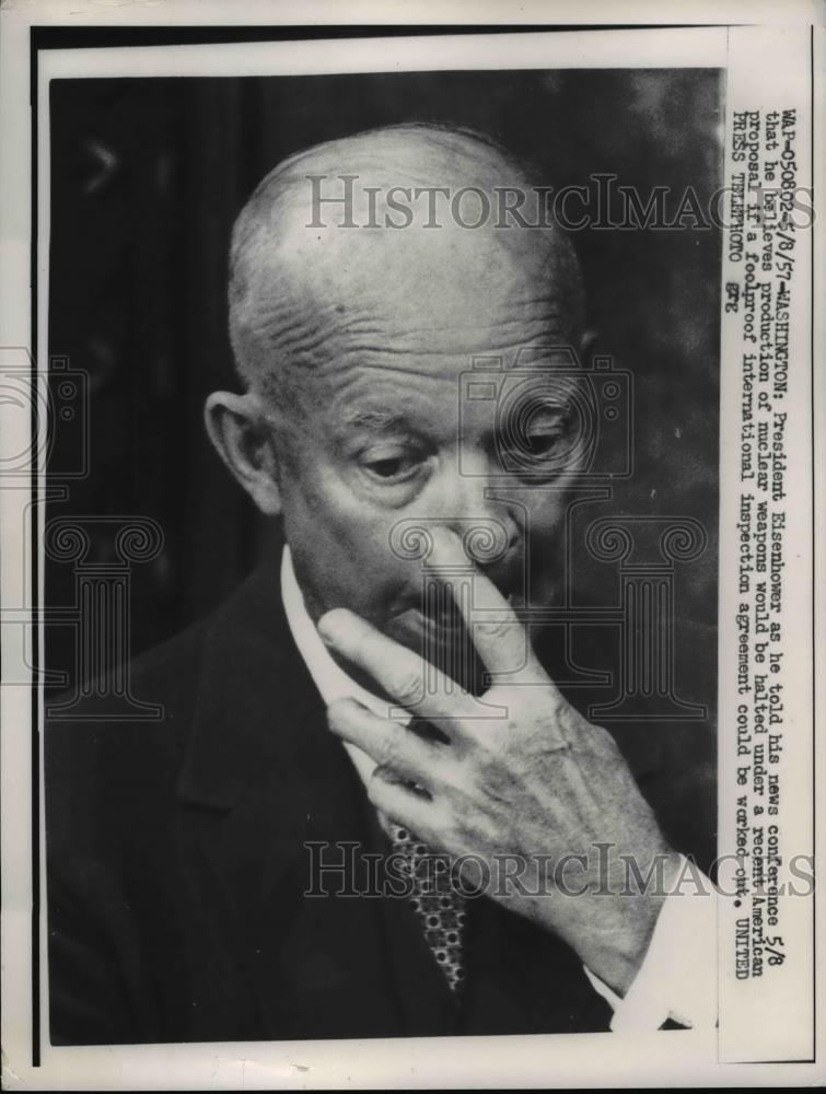 1957 Press Photo President Eisenhower at news conference on nuclear weapons - Historic Images