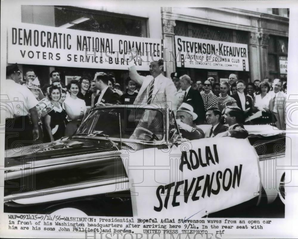 1956 Press Photo Washington-Adlai Stevenson waves from car at his headquarters. - Historic Images