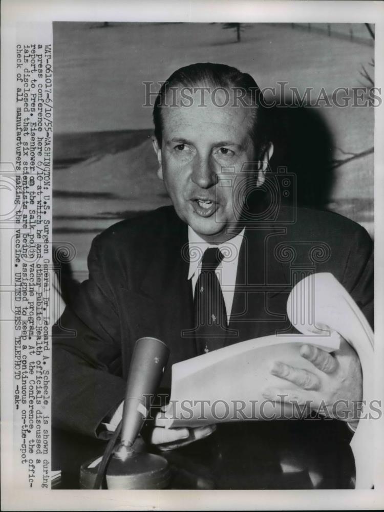 1955 Press Photo US Surgeon General Dr Leonard A Scheele speaks of Salk vaccine - Historic Images