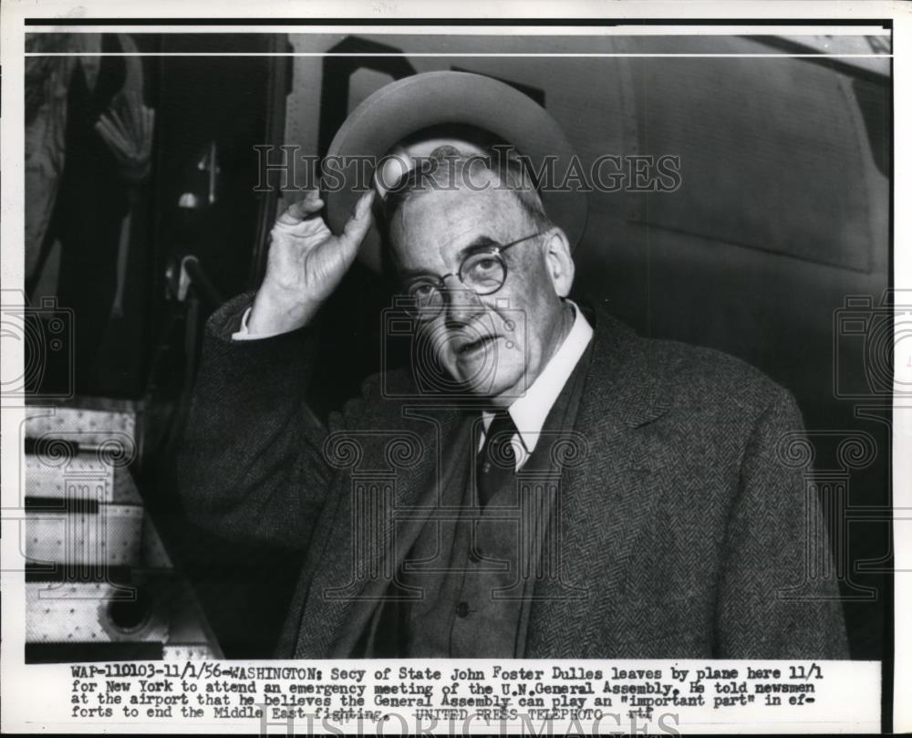 1956 Press Photo Sec of State JOhn Foster Dulles leaving for New York - Historic Images