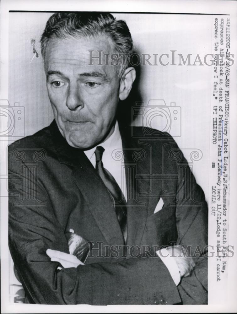 1963 Press Photo Henry Cabot Lodge express his smock at death of Pres. Kennedy. - Historic Images