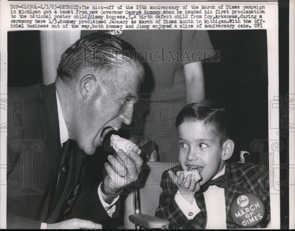 1963 Press Photo Detroit March of Dimes Jimmy Bodges &amp; Mich. Gov George Romney - Historic Images