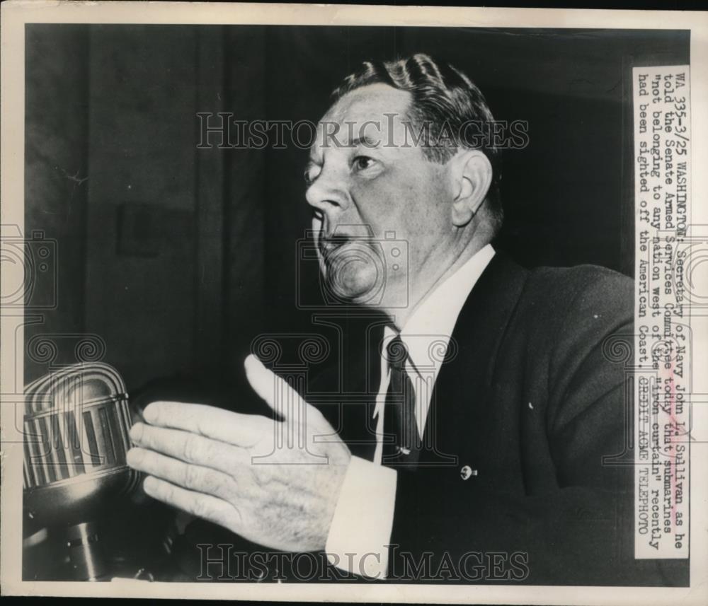 1948 Press Photo John L. Sullivan,Sec, of Navy address at Senate Armed Service. - Historic Images