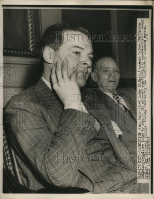 1949 Press Photo Senator Henry Cabot Lodge of MA at Senate Judiciary Committee - Historic Images