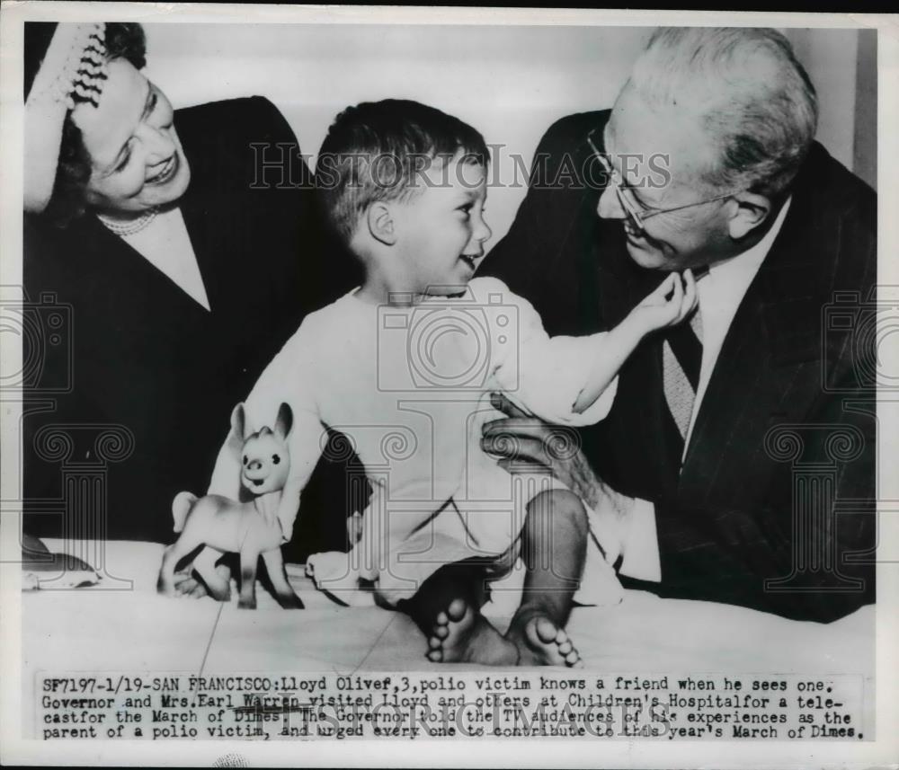 1951 Press Photo Lloyd Oliver Polio Victim &amp; Governor Earl Warren San Francisco - Historic Images