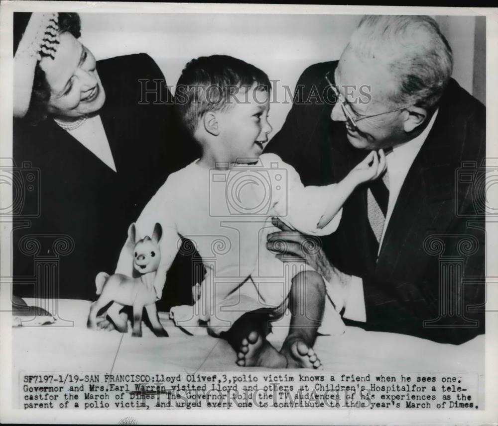 1951 Press Photo Lloyd Oliver Polio Victim & Governor Earl Warren San Francisco - Historic Images