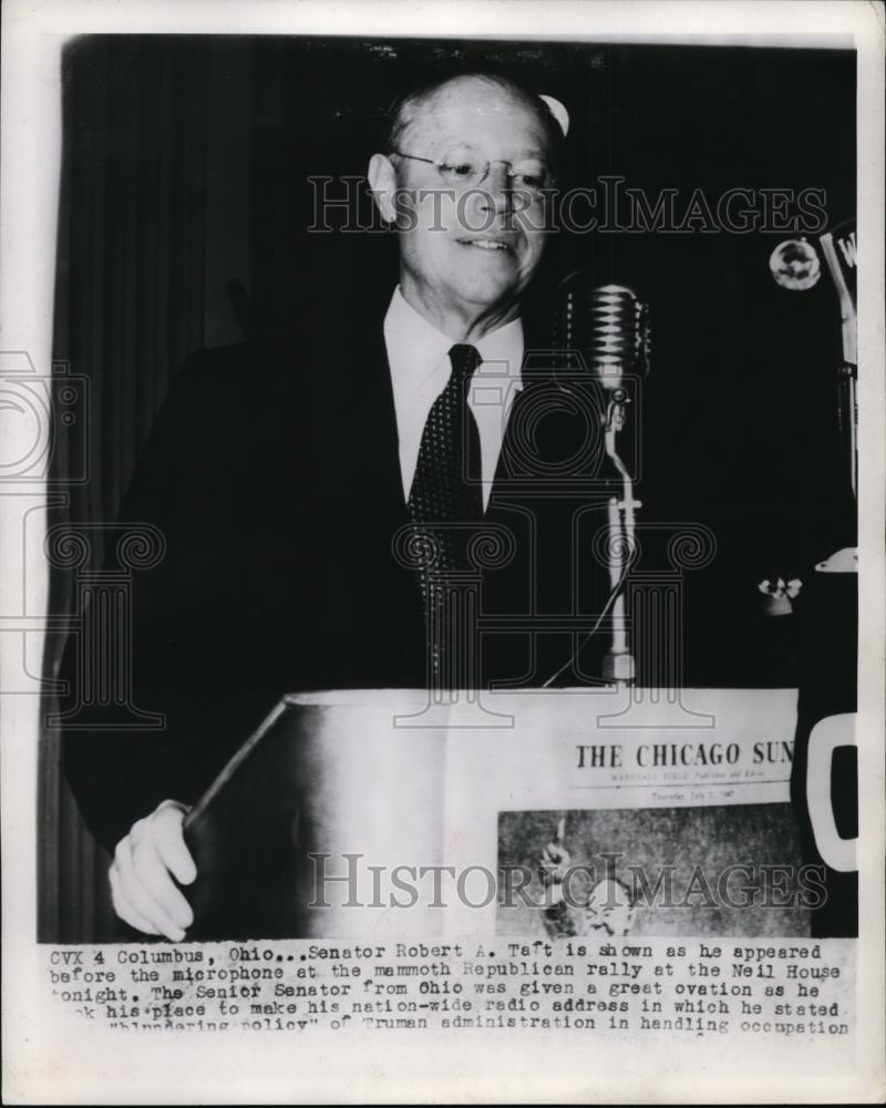 1947 Press Photo Senator Robert A Taft at Republican Rally Columbus Ohio - Historic Images