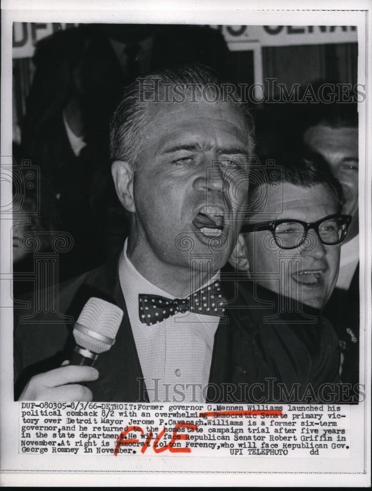 1966 Press Photo Former Gov G Mennen Williams Launches Comeback Campaign in MI - Historic Images