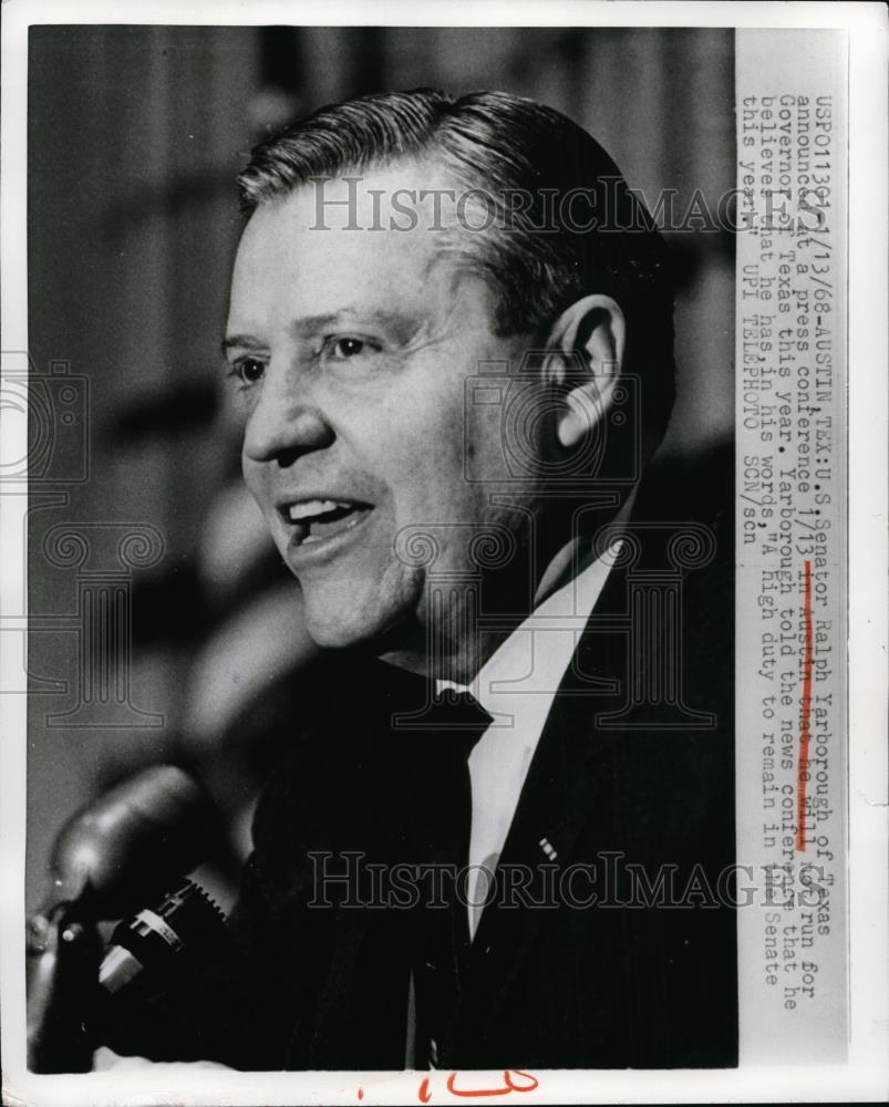 1968 Press Photo Sen Ralph Yarborough Announced Run for Governor of TX in Austin - Historic Images