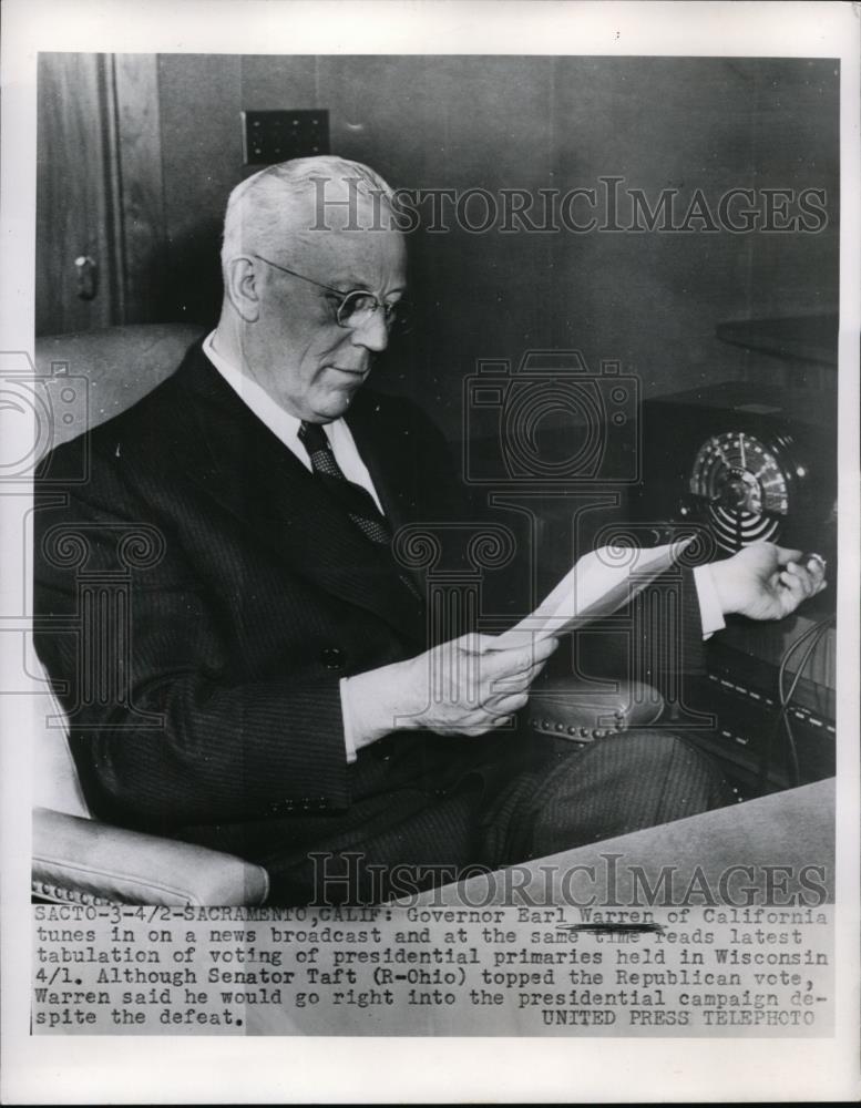 1962 Press Photo Calif Gov Earl Warren watching votes on Presidential campaign - Historic Images