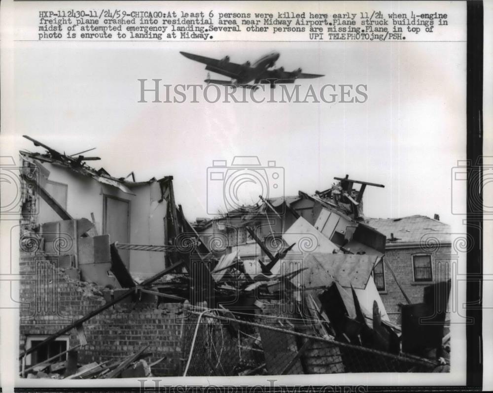 1959 Press Photo Four Engine Plane Crash Into Residential Area, Midway Airport - Historic Images