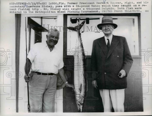 1957 Press Photo President Herbert Hoover, Lawrence Richey During Fishing Trip - Historic Images