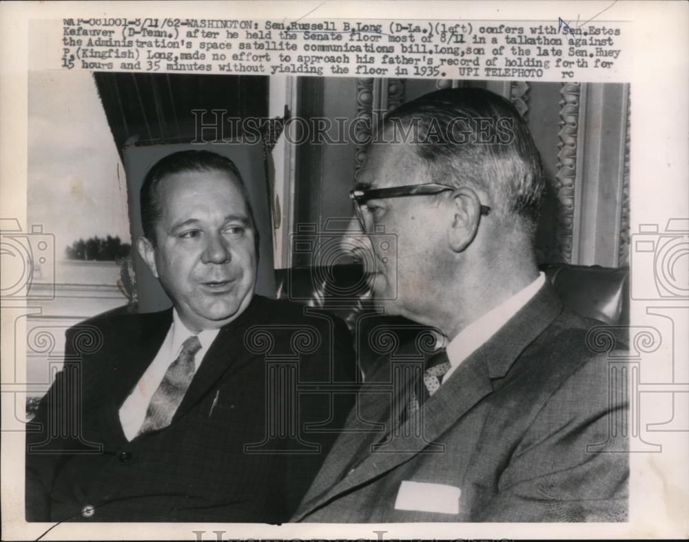 1962 Press Photo Senators Russell Long of LA & Estes Kefauver of TN in DC - Historic Images