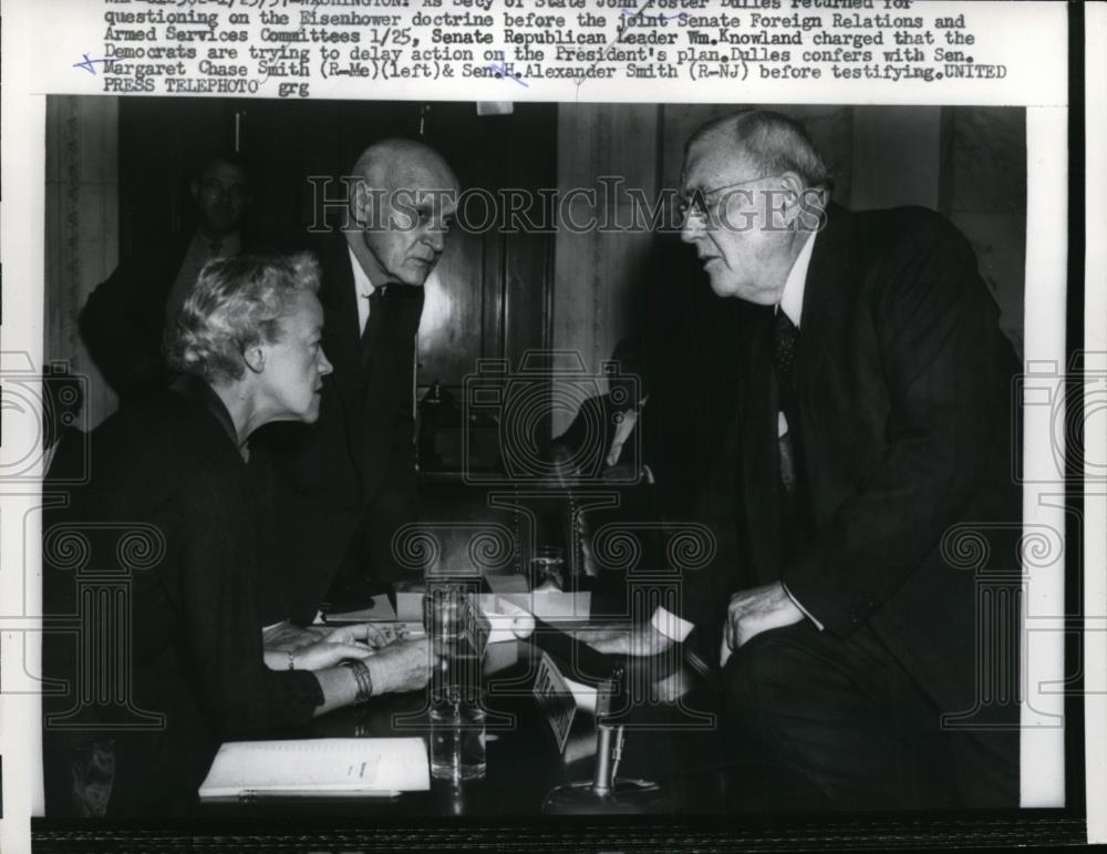 1957 Press Photo Sec of State John Foster Dulles, Sen H Alexander Smith R-NJ, - Historic Images