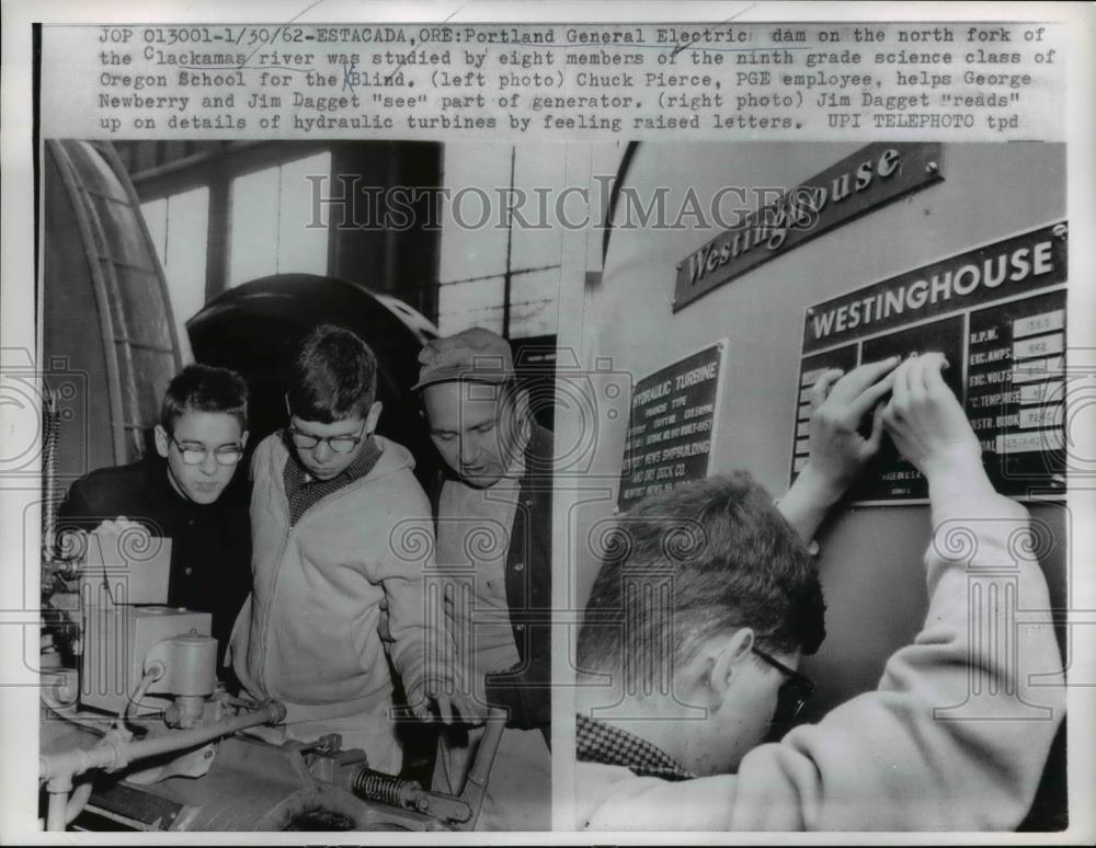 1962 Press Photo Chuck Pierce, George Newberry, Jim Dagget at Portland GE Dam - Historic Images