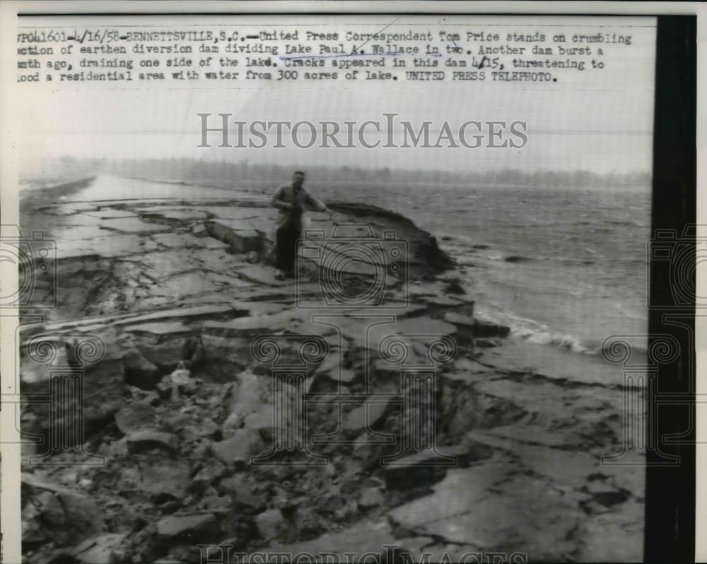 1958 Press Photo Bennettsville SC Tom Price stands on diversion dam - Historic Images