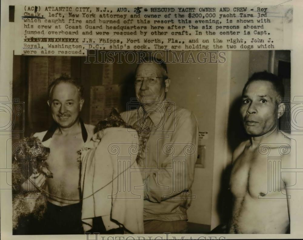 1957 Press Photo Yacht Fire Survivors Roy Chalk, J.N. Phipps, John J. Royal, Dog - Historic Images