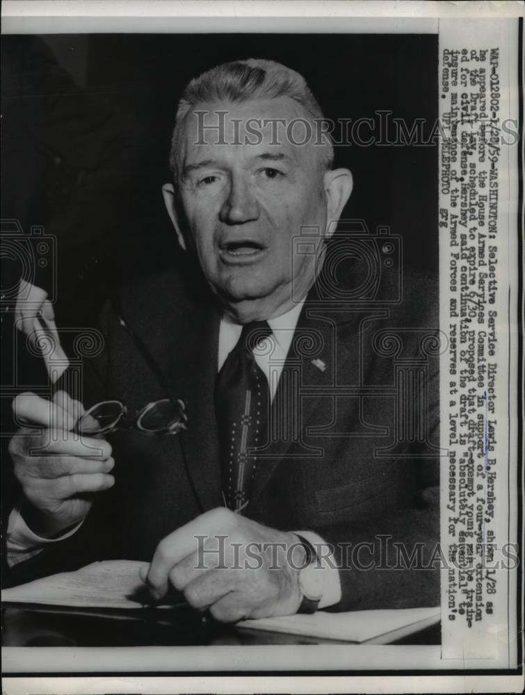 1959 Press Photo Selective Service director Lewis B Hershey wants 4 yr extension - Historic Images