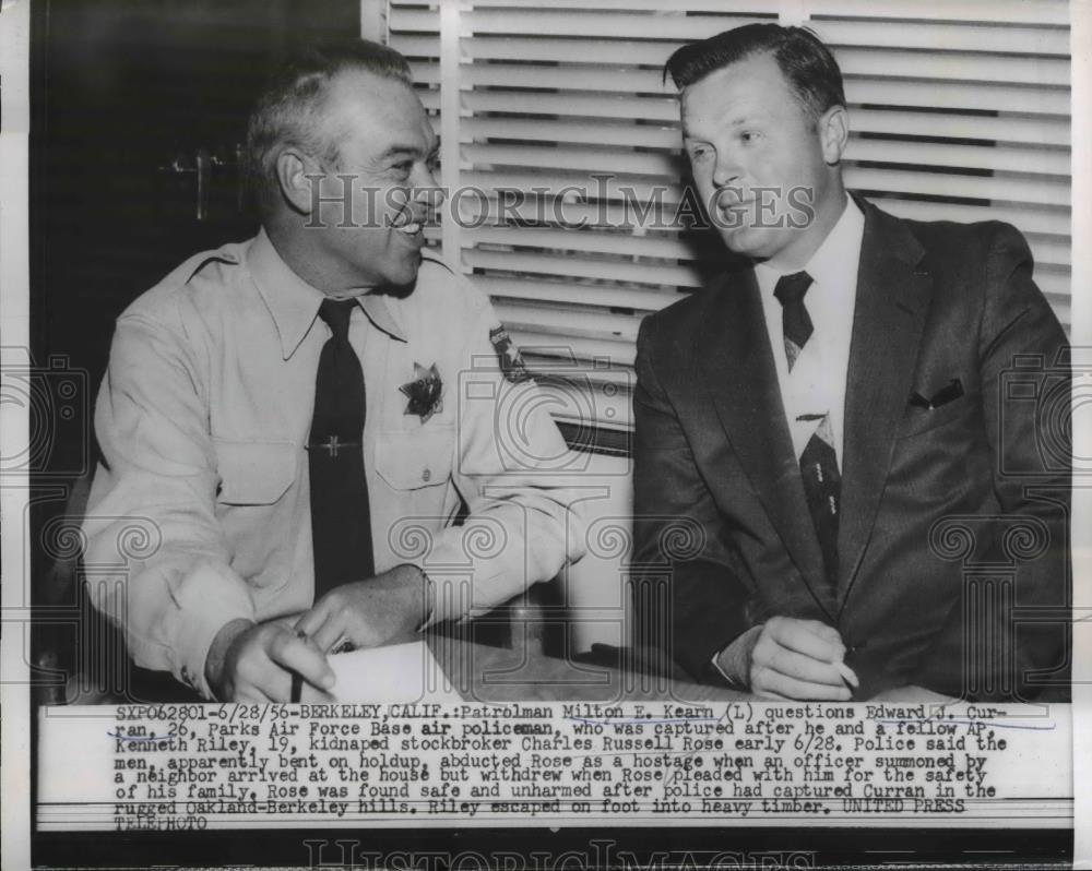 1956 Press Photo Milton E Kearn Patrolman Questions Edward Curan Kidnapper - Historic Images