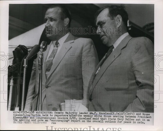 1954 Press Photo Wm. F.Knowland and Joe Martin talks after a White House meeting - Historic Images