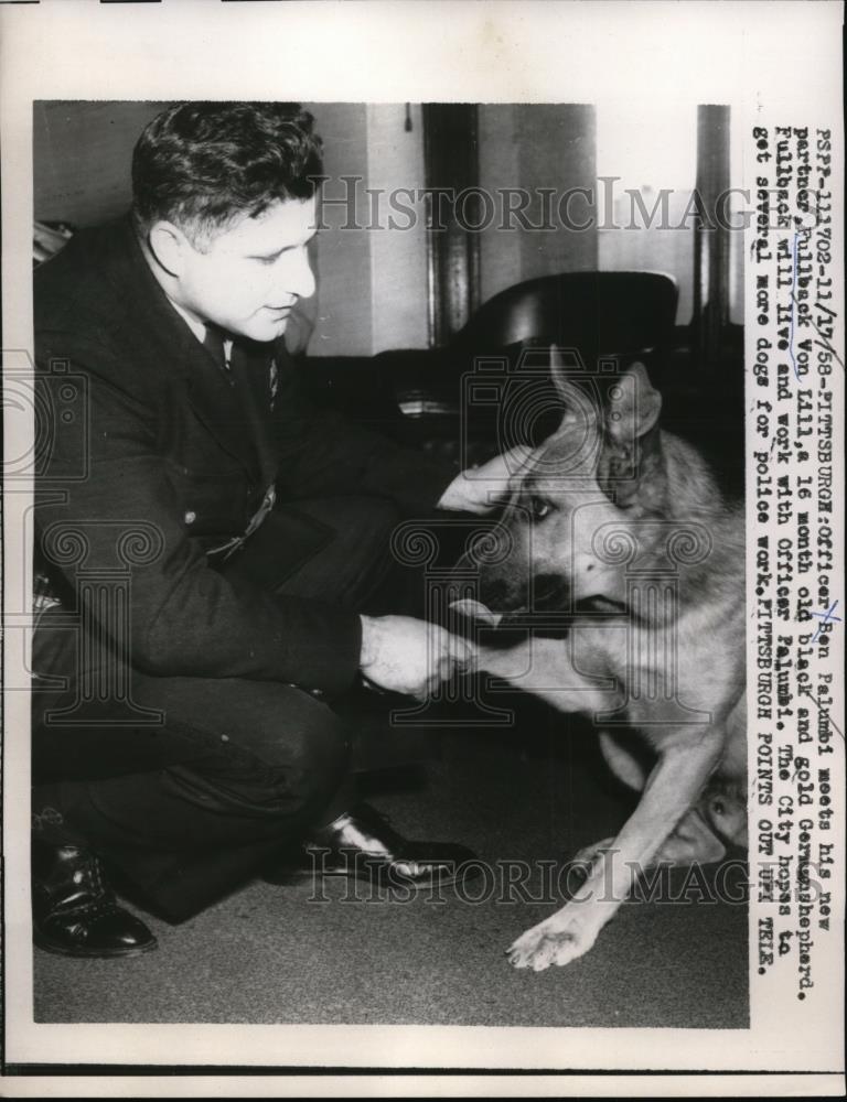 1958 Press Photo Officer Ben Palumbi &amp; New Partner Fullback Von Lill German Shep - Historic Images