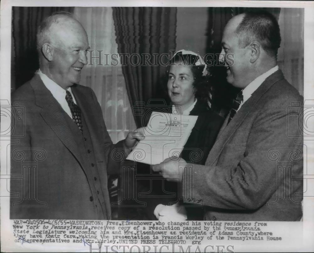 1955 Press Photo President Eisenhower, Rep &amp; Mrs Francis Worley of PA - Historic Images