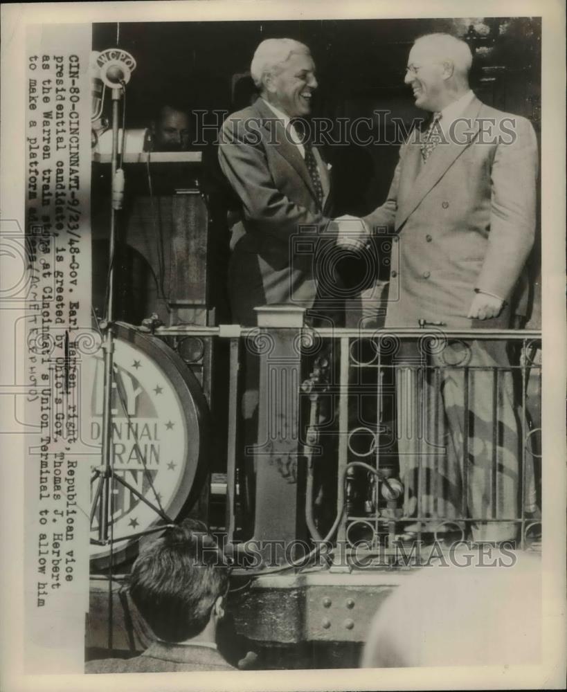 1948 Press Photo Gov Earl Warren Republican VP Candidate with Gov Thomas Herbert - Historic Images