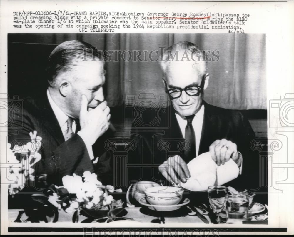 1964 Press Photo Mich. Gov George Romney(L) &amp; Senator Barry Goldwater Pres Cand - Historic Images