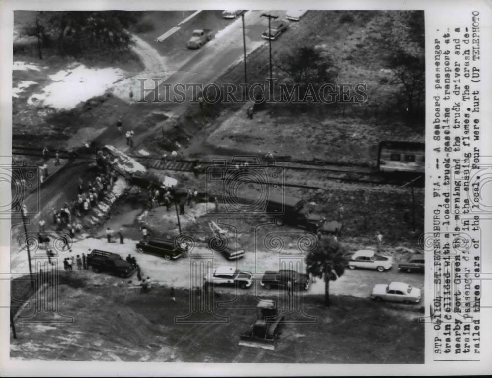 1956 Press Photo aerial view of a gas truck and train collision in St Petersburg - Historic Images