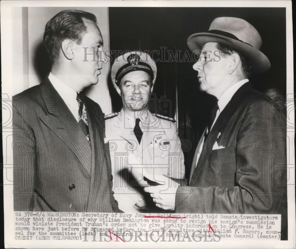 1948 Press Photo John Sullivan,Sec.of Navy appeared before the Senate Committee - Historic Images