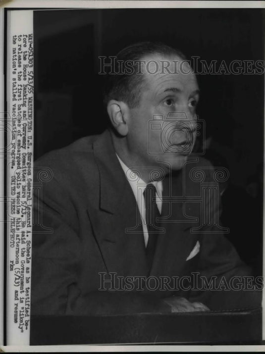 1955 Press Photo US Surgeon General Leonard A Scheele talks of polio vaccine - Historic Images
