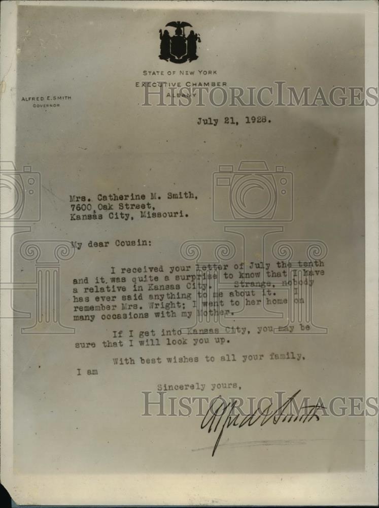 1928 Press Photo Letter Mrs Smith received from Governor Alfred E Smith - Historic Images